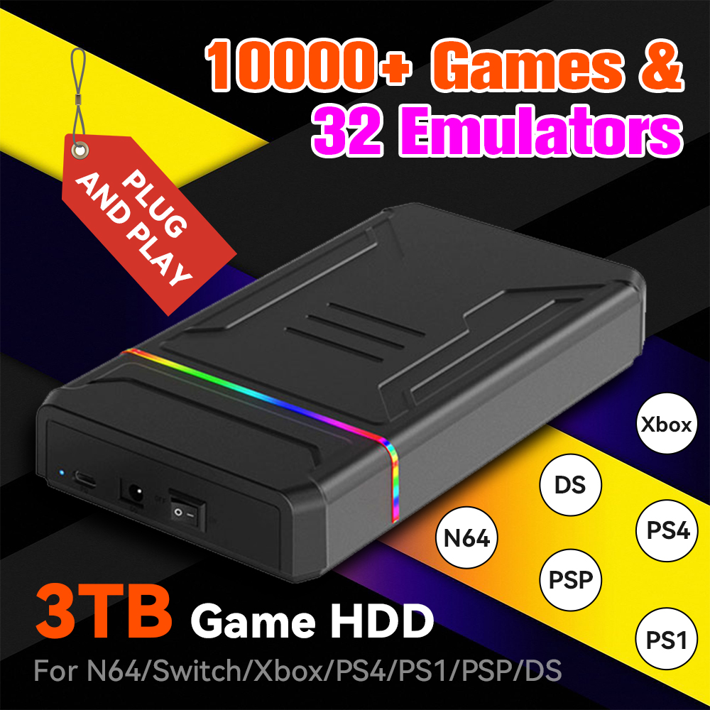 Retro Gaming Hard Drive - 3TB 外部レトロゲーム HDD エミュレーターゲームコンソール N64/Xbox/Switch/PS4/PS1/DS ランチボックスゲームハードドライブ