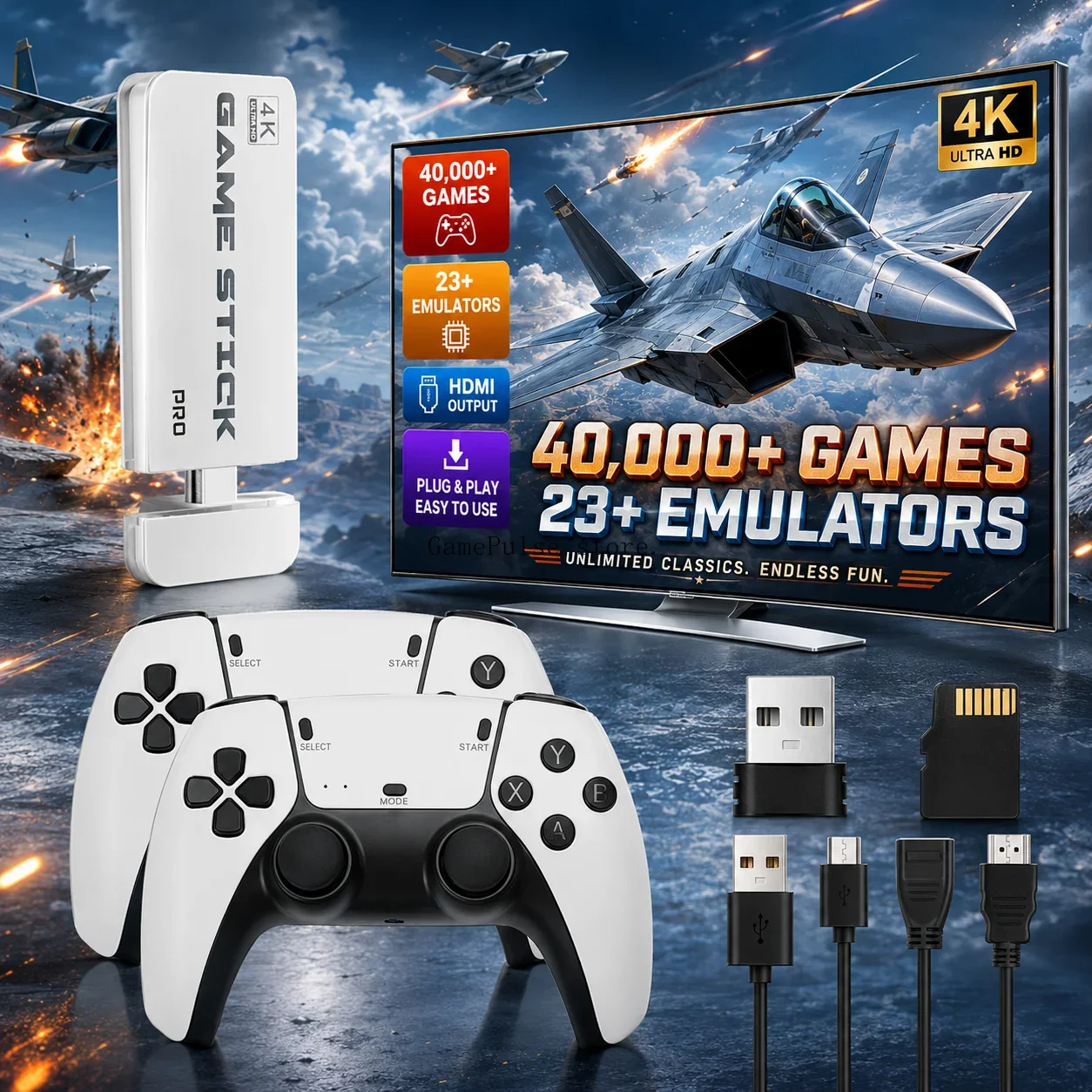 Retro Gaming Game Stick - GamePulse M15 ウルトラゲームスティック レトロビデオゲームコンソール 40000+ゲーム搭載 2.4Gワイヤレスコントローラー