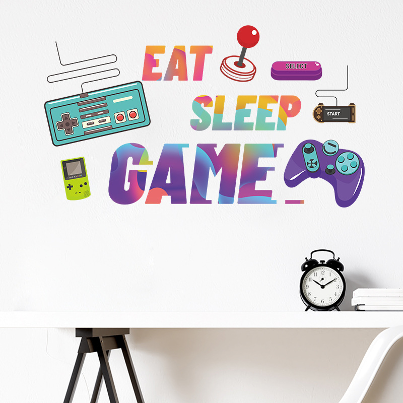 Retro Gaming Cabinet - 「Eat Sleep Game」ウォールステッカー、カラフルなレトロゲームコントローラー、ゲーマールーム用粘着式取り外し可能なデカール