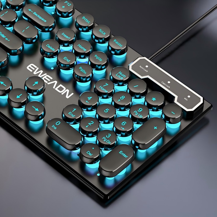 Retro Gaming Windows - EWEADN タイプライターゲーミングキーボード、104キー、レトロパンクラウンドキーキャップ、ブルーバックライト、USB有線、Windows PC/ラップトップ用