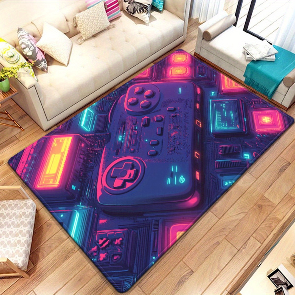 Retro Gaming Space - ネオンゲーマーラグ – レトロゲームコントローラー＆テックパネルデザイン、鮮やかなフロアマット（ゲームルーム＆リビングスペース用）