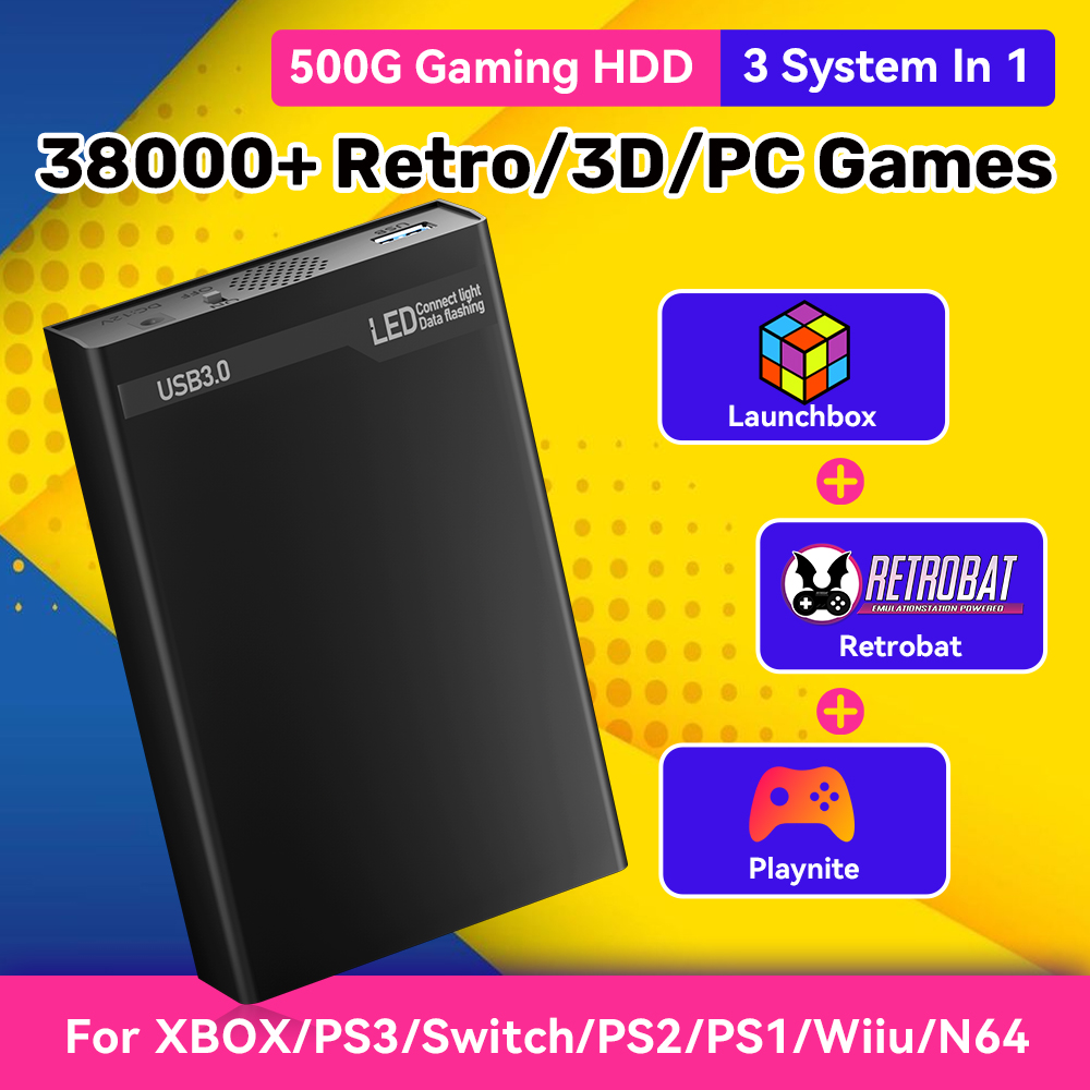 Retro Gaming Hard Drive - Mix500G ポータブルゲームハードドライブ N64/PS3/PS2/Switch/PS1/Xbox/DC対応 外付けゲームHDD 38293レトロゲーム搭載 Win