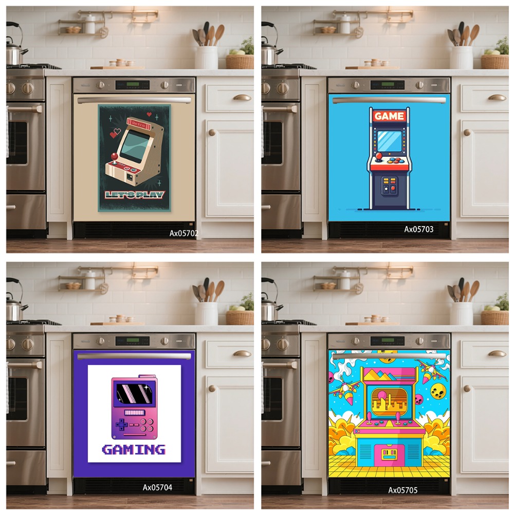 Retro Gaming Cabinet - 90年代レトロピクセルゲームアーケードコンソール食器洗い機ドアステッカー自己粘着ティーンゲーマーゲームルームキャビネット洗濯機装飾壁紙