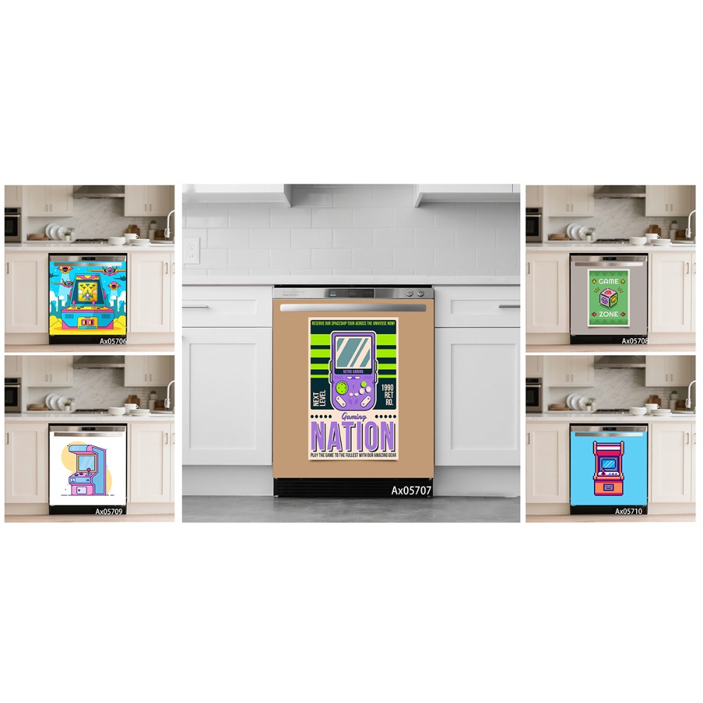 Retro Gaming Cabinet - 90年代レトロピクセルゲームアーケードコンソール食器洗い機ドアステッカー自己粘着ティーンゲーマーゲームルームキャビネット洗濯機装飾壁紙