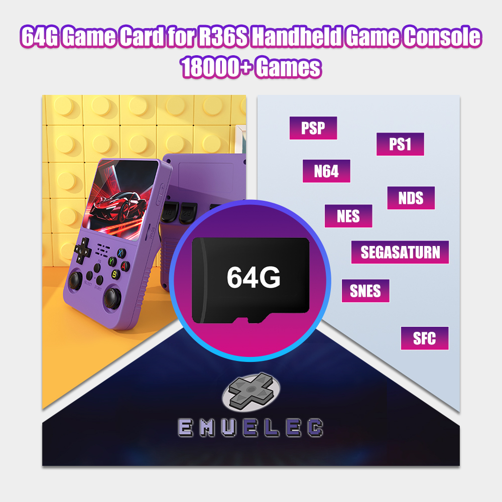 Retro Gaming Console Handheld - R36SビデオレトロハンドヘルドゲームコンソールEmuELEC 4.7 OS内蔵18000+レトロゲーム（PS1/PSP/N64/SS/SNES対応）用64GBゲームTFカード