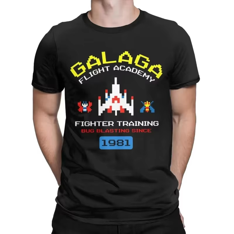 Retro Gaming Space - クールなアーケードゲーム「ガラガ」のレトロな80年代風インベーダー宇宙ゲームエイリアンTシャツ メンズ コットン製 ギフトアイデア 夏服