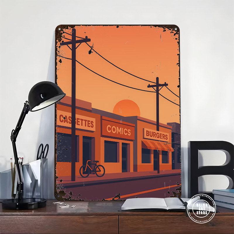 サンセットストリート ショップや自転車が描かれたポスター カ - Retro Gaming Shops のレビューと価格